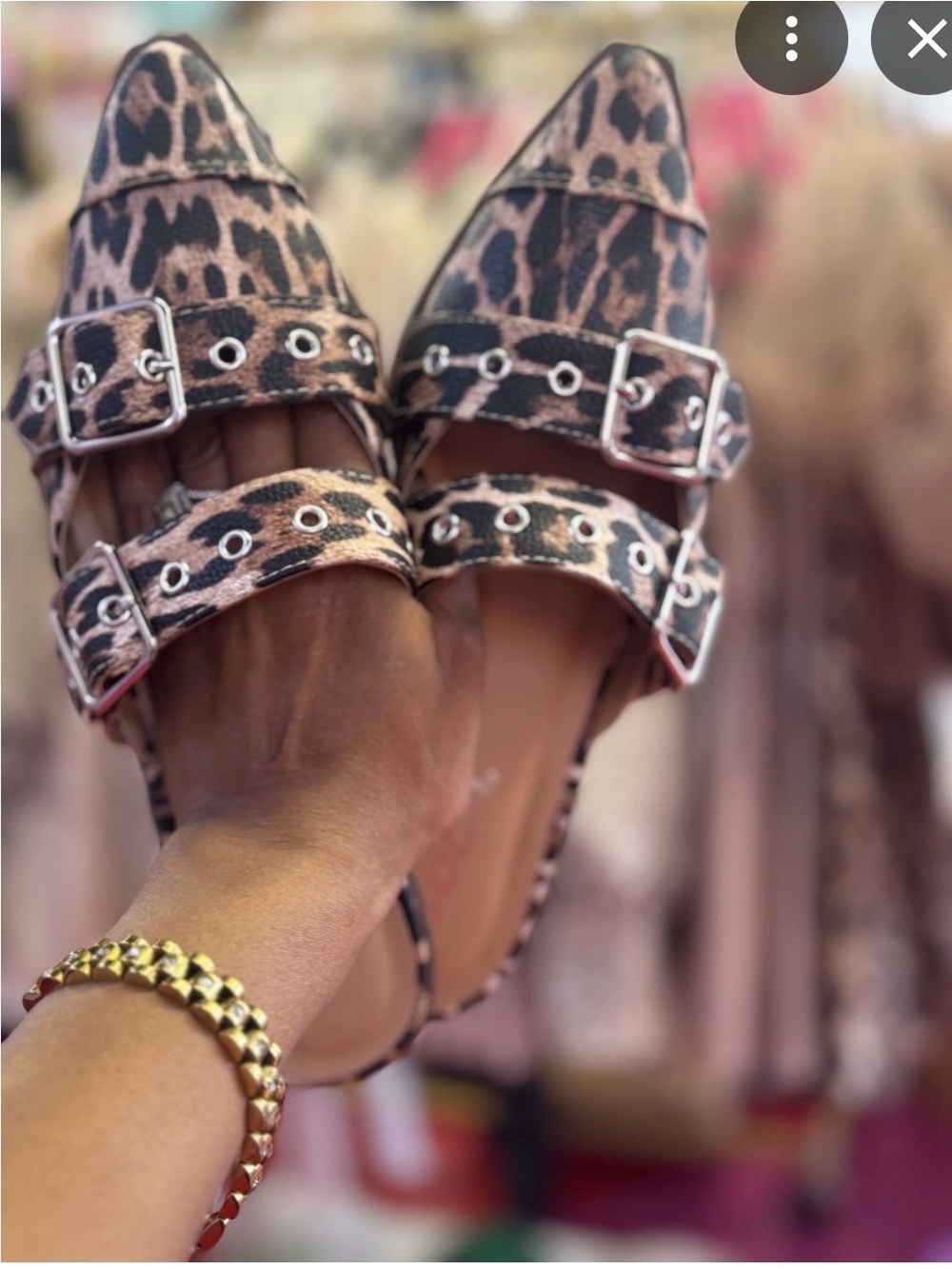 Pointed Toe Leopard Print Mule Flats Double Buckle Straps Metallic Eyelet 8 NWOT